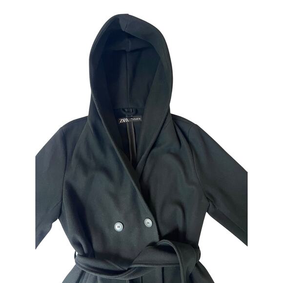 Zara Black Hooded Coat L Longline Wrap Belted Double Breasted 40” - Picture 1 of 6